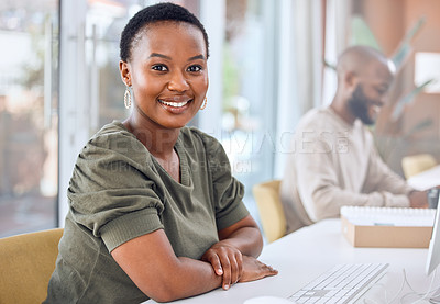 Buy stock photo Business, portrait and black woman in office with computer research, planning or communication at consulting agency. Design, advice or African consultant in coworking space for help, guide or service