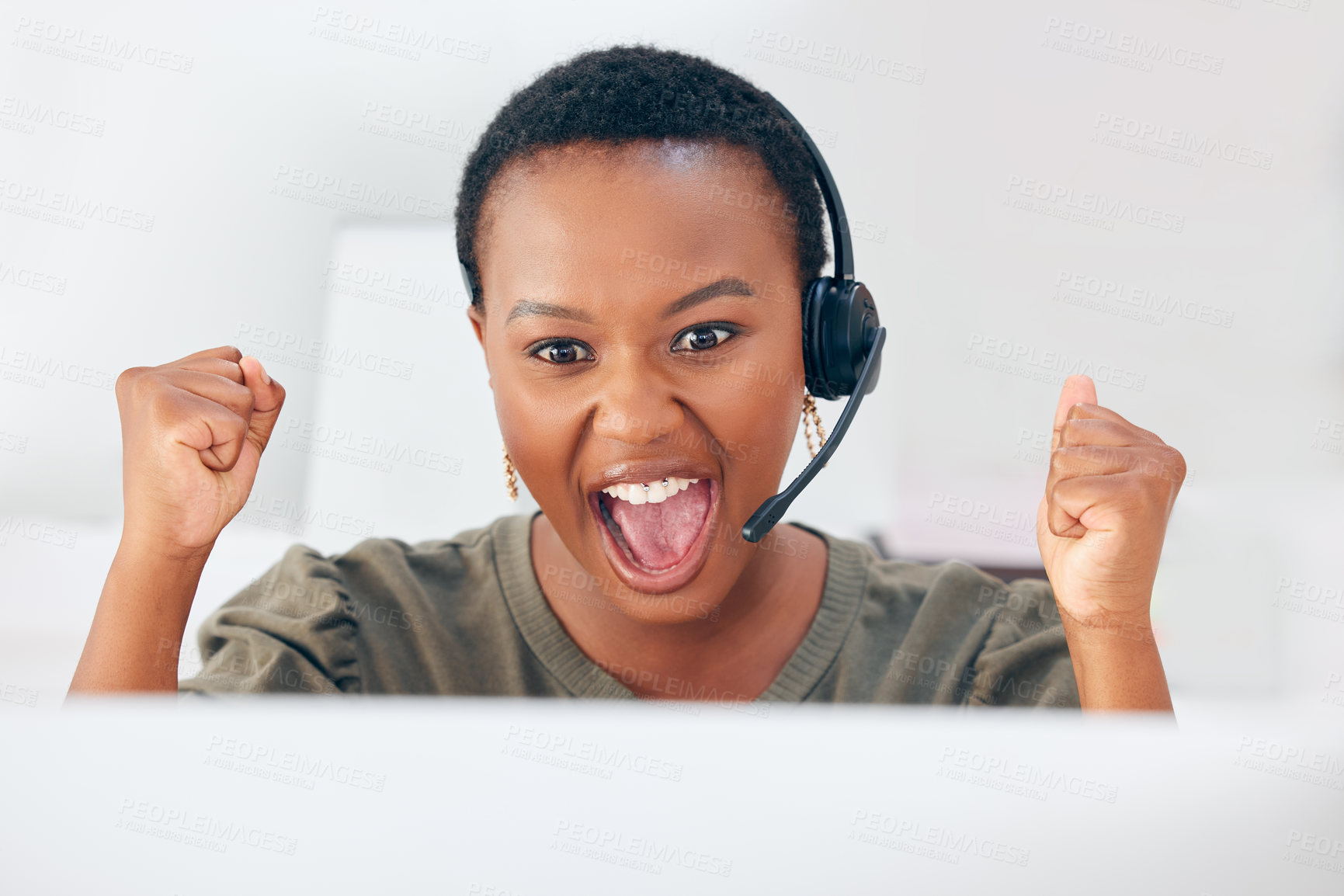 Buy stock photo Shot of a businesswoman looking cheerful while working in a call centre