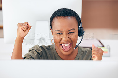 Buy stock photo Shot of a businesswoman looking cheerful while working in a call centre