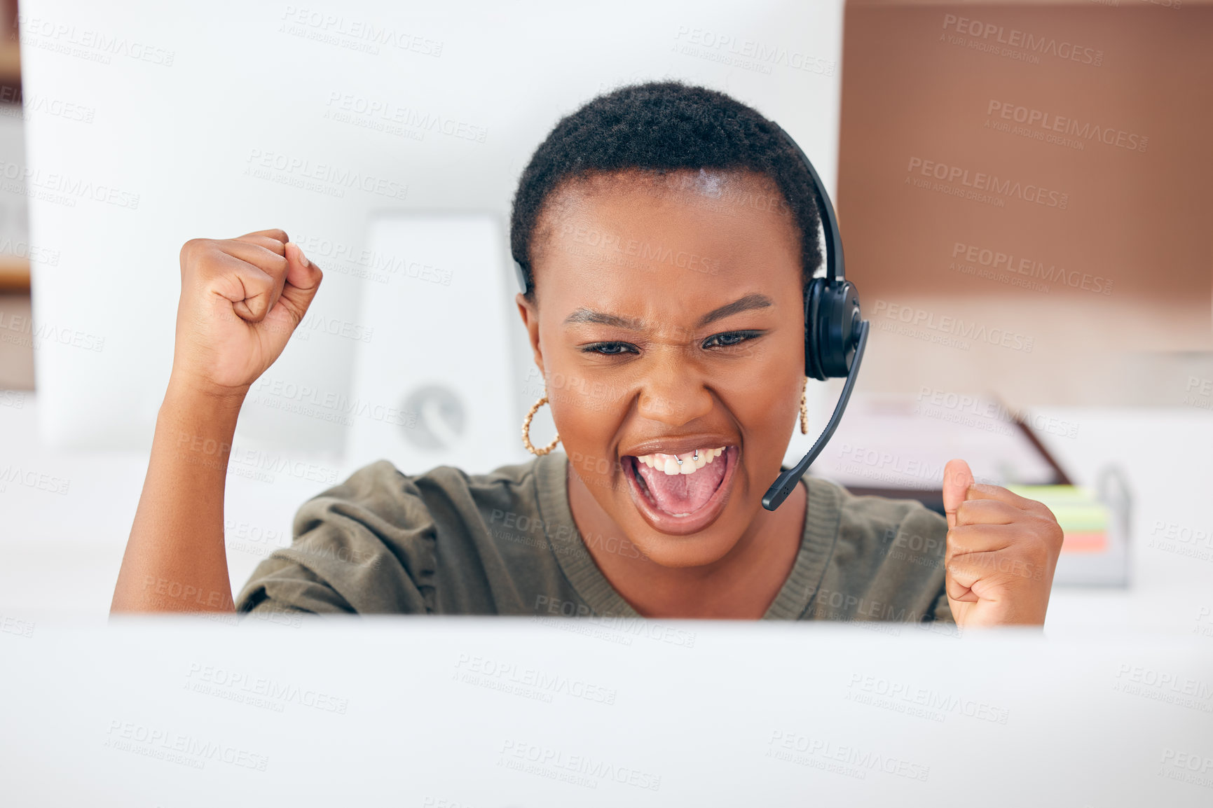 Buy stock photo Shot of a businesswoman looking cheerful while working in a call centre