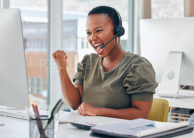 Buy stock photo Shot of a businesswoman looking cheerful while working in a call centre