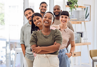 Buy stock photo Teamwork, happy and portrait of business people in office for about us, collaboration and leadership. Creative workplace, diversity and men and women with crossed arms for company pride and startup