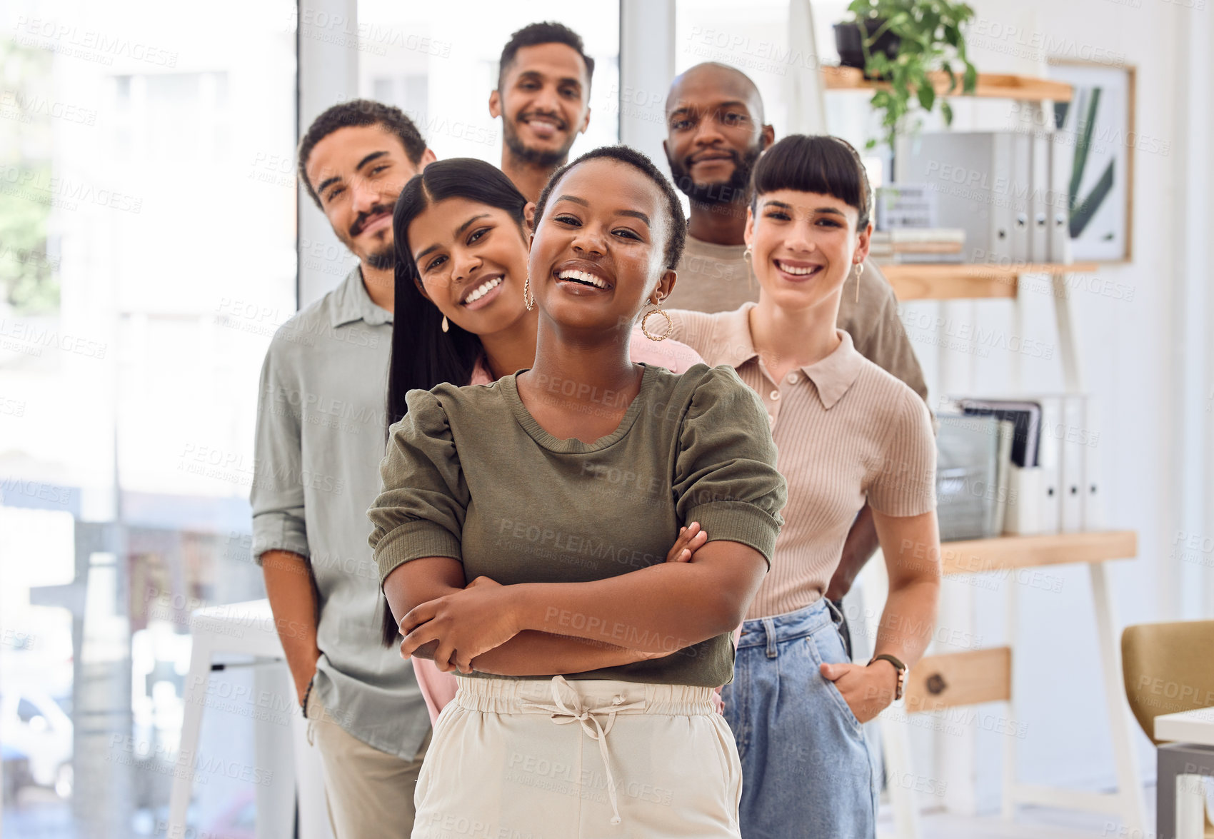 Buy stock photo Teamwork, happy and portrait of business people in office for about us, collaboration and leadership. Creative workplace, diversity and men and women with crossed arms for company pride and startup
