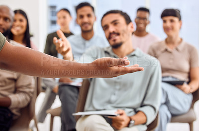 Buy stock photo Shot of an unrecognizable person delivering a presentation to a group of businesspeople