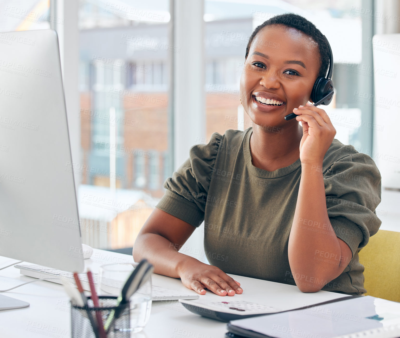 Buy stock photo Call center, portrait or happy black woman in office consulting for contact us, crm or faq support. Customer service, telemarketing or friendly lead generation consultant with virtual, help or advice