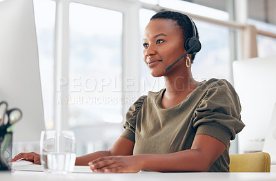 Buy stock photo Call center, business and  black woman in office consulting for contact us, crm or faq support. Customer service, telemarketing or friendly lead generation consultant with virtual, help or b2b advice