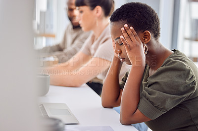 Buy stock photo Business, stress or black woman with headache in office with vertigo, risk or frustrated by coworking space noise. Burnout, anxiety or African agent with migraine, brain fog or overwhelmed by mistake