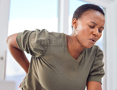 Buy stock photo Back pain, emergency and black woman in office with joint, problem or tension, inflammation or pressure. Backache, disaster and African consultant with stress, injury or frustrated by fibromyalgia