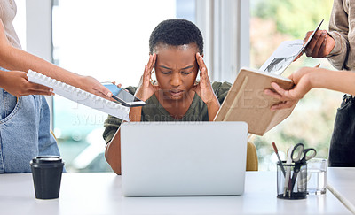 Buy stock photo Business, stress or black woman with headache in multitasking, deadline or office team demand. Corporate, chaos or manager with vertigo, anxiety or project management burnout, tax or audit compliance