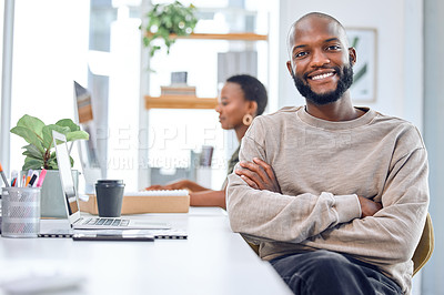 Buy stock photo Portrait of a confident businessman sitting at his desk