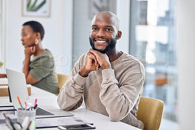 Buy stock photo Black man, portrait and working on laptop in office for online research, confidence and planning in journalism. Face of journalist with computer in workplace for media report, article or newsletter