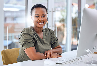 Buy stock photo Happy, black woman and portrait in office with computer for planning, research or idea inspiration. Face, pride and African agent with desktop for online consulting service, advice or b2b networking 