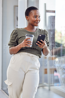 Buy stock photo Black woman, coffee and thinking with phone by window for office inspiration, communication and journalism solution. Creative person or online media journalist with ideas for headline in mobile news