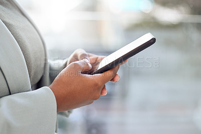 Buy stock photo Office, typing and hands of woman with phone for networking, scroll and business communication. Online chat, post and female person with smartphone for contact, connection or browse on email website.