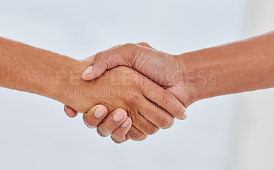 Buy stock photo Handshake, partnership and agreement to deal for legal contract, loyalty and respect. Closeup of trust, collaboration and team building with support, solidarity and synergy in a group for connection