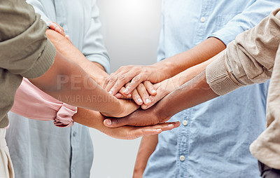 Buy stock photo Hands, stack and people in agreement for deal, opportunity and inclusion with strategy planning and mission. Trust, team building and support with solidarity and synergy in a group for connection