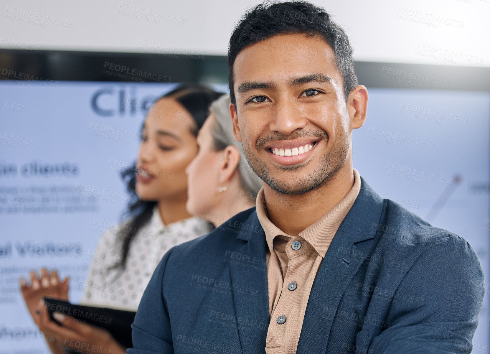 Buy stock photo Business man, portrait and happy at conference for networking, training or meeting for growth in career. Entrepreneur, smile and learning with people at leadership workshop for skills development