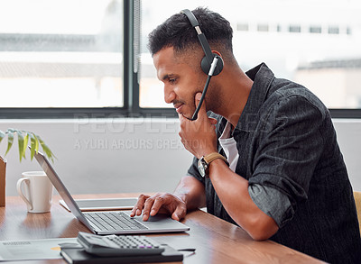 Buy stock photo Call center, thinking or businessman with laptop in office for tech support, help or IT solution, guide or research. Telecom, customer service or consultant with legal advice, problem solving or plan