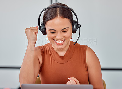 Buy stock photo Call center, success and happy woman with laptop in office celebration for good news, review or sale target. Telemarketing, winner and excited consultant reading positive customer experience survey