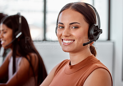 Buy stock photo Call center, portrait and woman in coworking office for faq, about us or b2b networking. Telemarketing, outsourcing or virtual assistant team with loan, advice and crm, support and customer service