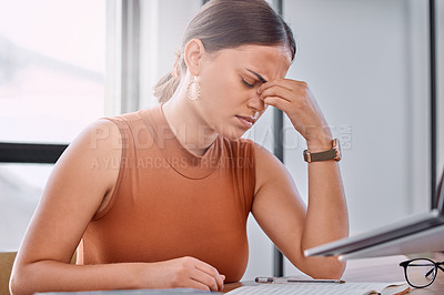 Buy stock photo Woman, headache and stress in office with notebook, laptop or worry for deadline, report or mistake. Person, writer and employee with pain, migraine or burnout with notes by computer at media startup