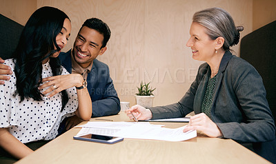Buy stock photo Meeting, financial advisor and couple with documents for insurance, mortgage investment and loan application. Finance, consultant and man and women with paperwork for planning, deal and contract