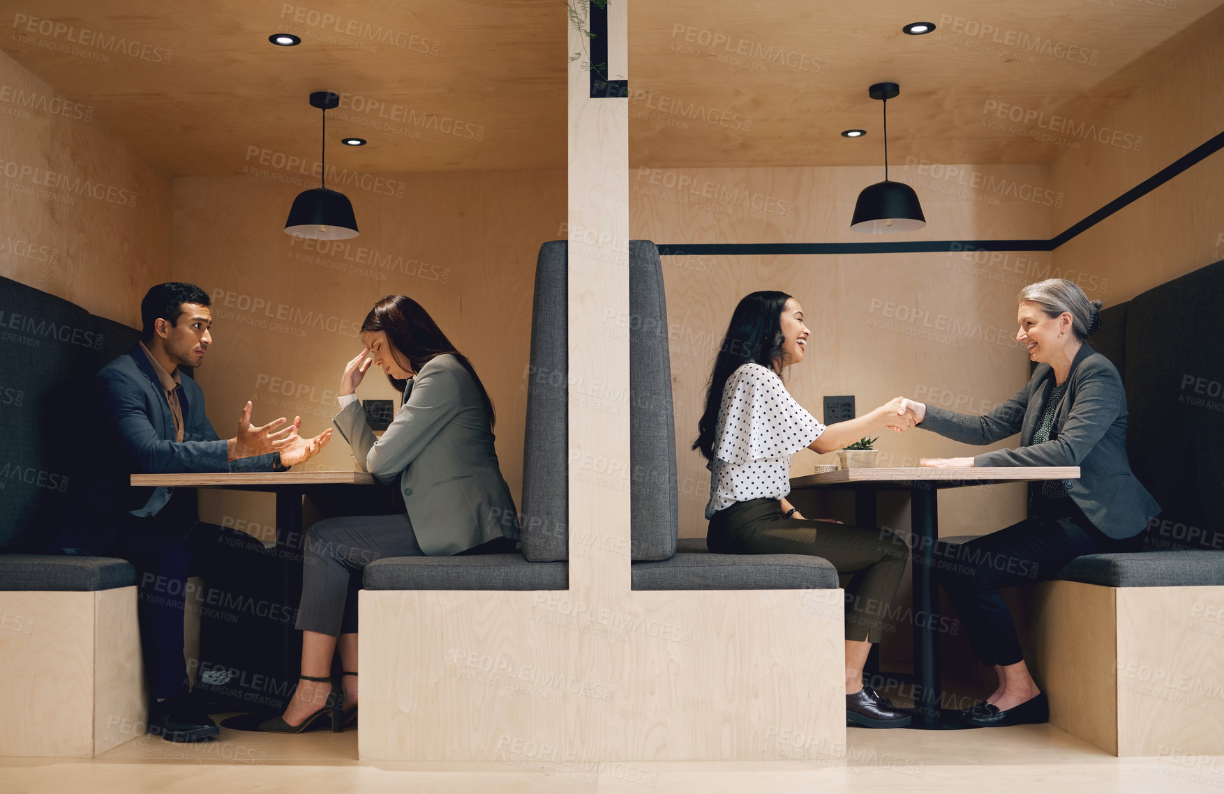 Buy stock photo Full length conceptual shot depicting the contrast between a businesswoman being hired and a businesswoman being fired