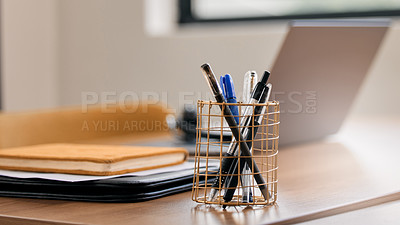 Buy stock photo Office, stationery and pen on desk for notebook, notes and writing in creative workplace. Empty boardroom, interior background and closeup of equipment on table for business, working and career