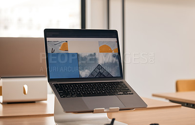 Buy stock photo Still life shot of a laptop on a desk in an office