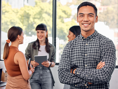 Buy stock photo Creative, happy man and portrait with group at office for career in design, collaboration or confidence. Young, confident or male person with smile and arms crossed in leadership for team in startup