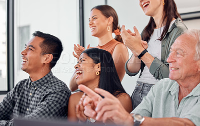 Buy stock photo Shot of a group of businesspeople clapping during a meeting at the office
