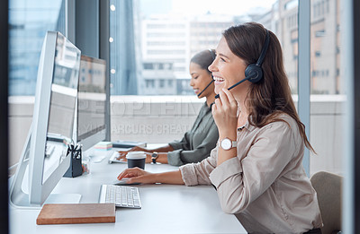 Buy stock photo Coworking, call center and telemarketing of business woman with web help conversation at computer. Customer service, crm and smile of a digital support agent in a office with communication and advice