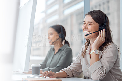 Buy stock photo Laugh, call center and telemarketing of business woman with web conversation at computer. Customer service, crm and smile of digital support agent in coworking office with communication and advice