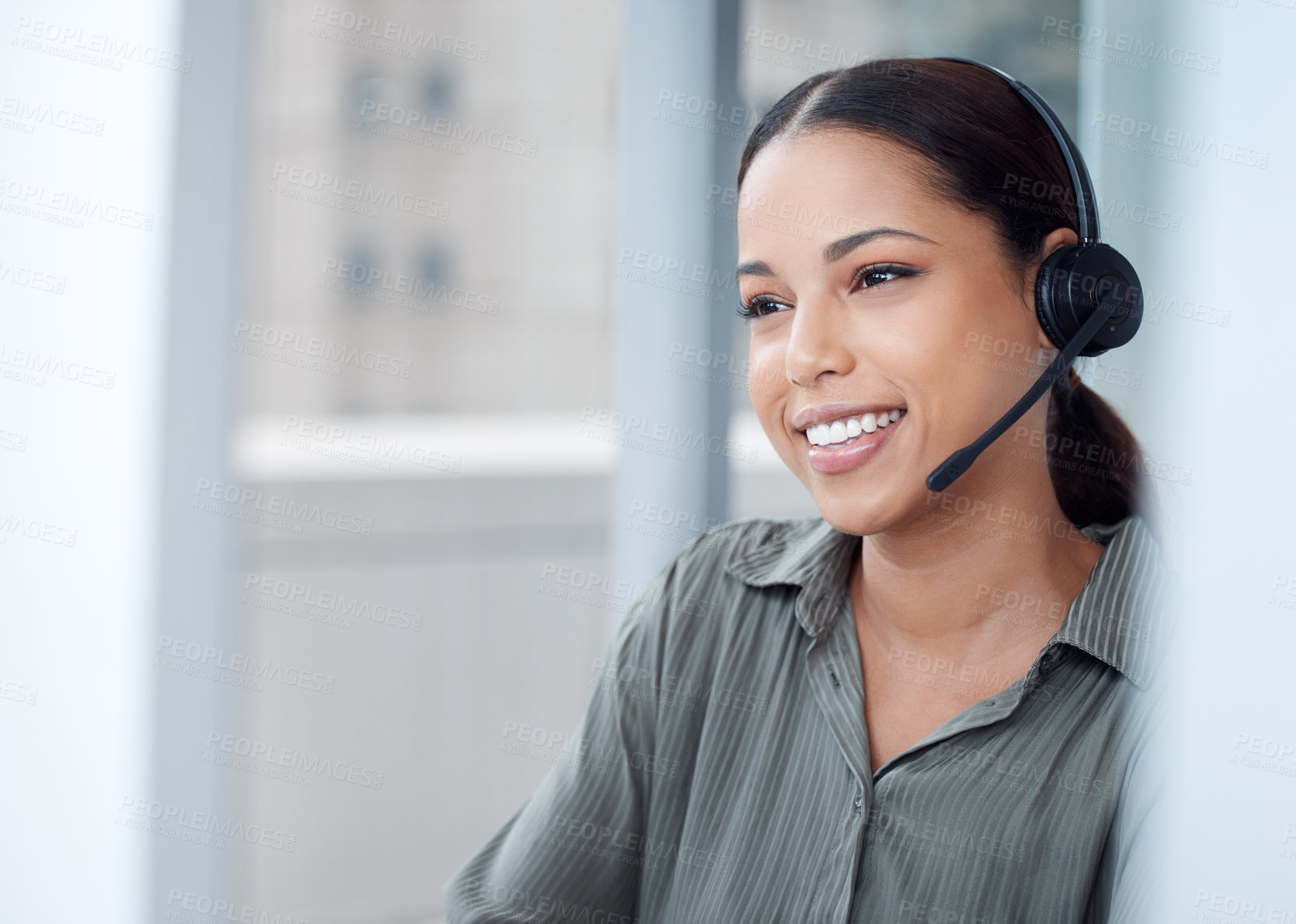 Buy stock photo Smile, woman and call center in office with thinking, headset and happy in workplace. Female person, consultant and advisor for support, information and crm with mic for communication in Brazil