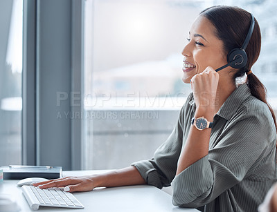 Buy stock photo Customer service, telemarketing and female call center agent working on online consultation. Communication, technology and professional saleswoman planning crm with headset and computer in the office