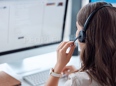 Buy stock photo Customer support, call center and back of female agent working on online consultation in the office. Telemarketing, communication and saleswoman planning crm with headset and computer in workplace.
