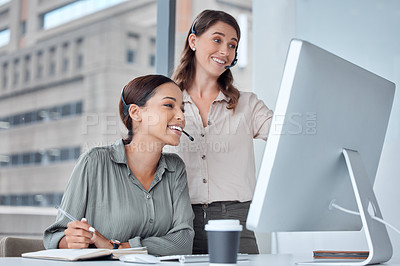 Buy stock photo Business women, collaboration and telemarketing mentor of call center and web help workers. Coworking, employee training and smile from crm sales at website consultation company with customer service