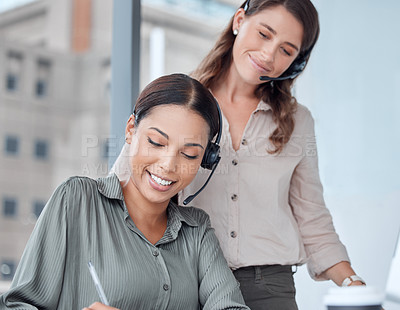 Buy stock photo Business women, collaboration and telemarketing trainer of call center and web help workers. Coworking, mentorship and smile from crm sales at a website consultation company with customer service