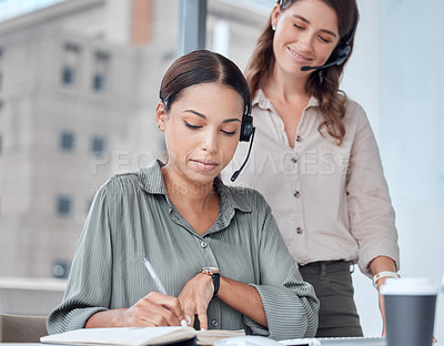 Buy stock photo Business women, collaboration and telemarketing mentor of call center and web help workers. Coworking, teaching and smile from crm sales at a website consultation company with customer service intern