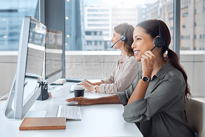 Buy stock photo Coworking, call center and consultant of business woman with web help conversation at computer. Customer service, crm and smile of digital telemarketing agent in office with communication and advice