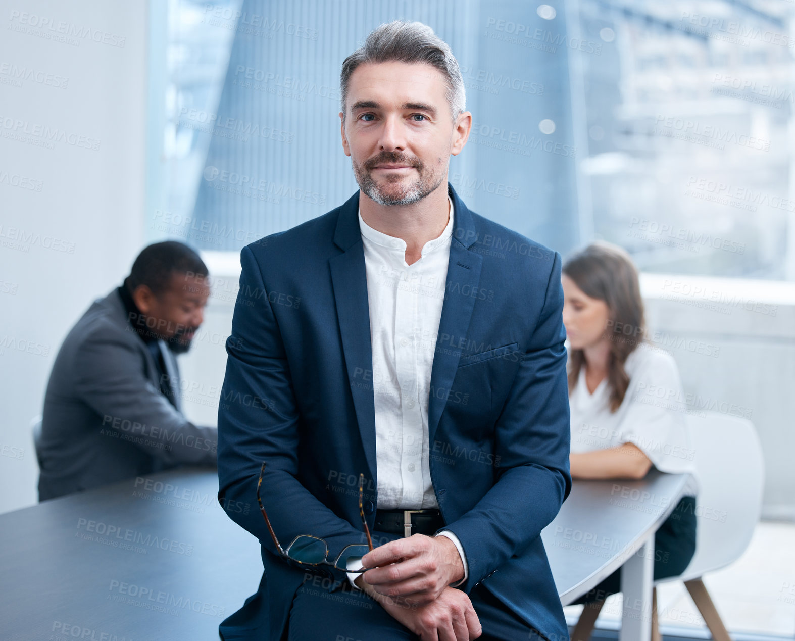 Buy stock photo Portrait, employee and mature man in boardroom, confidence and CEO in corporate and auditor. Office, bookkeeper and person on table, business meeting and collaboration for planning and project