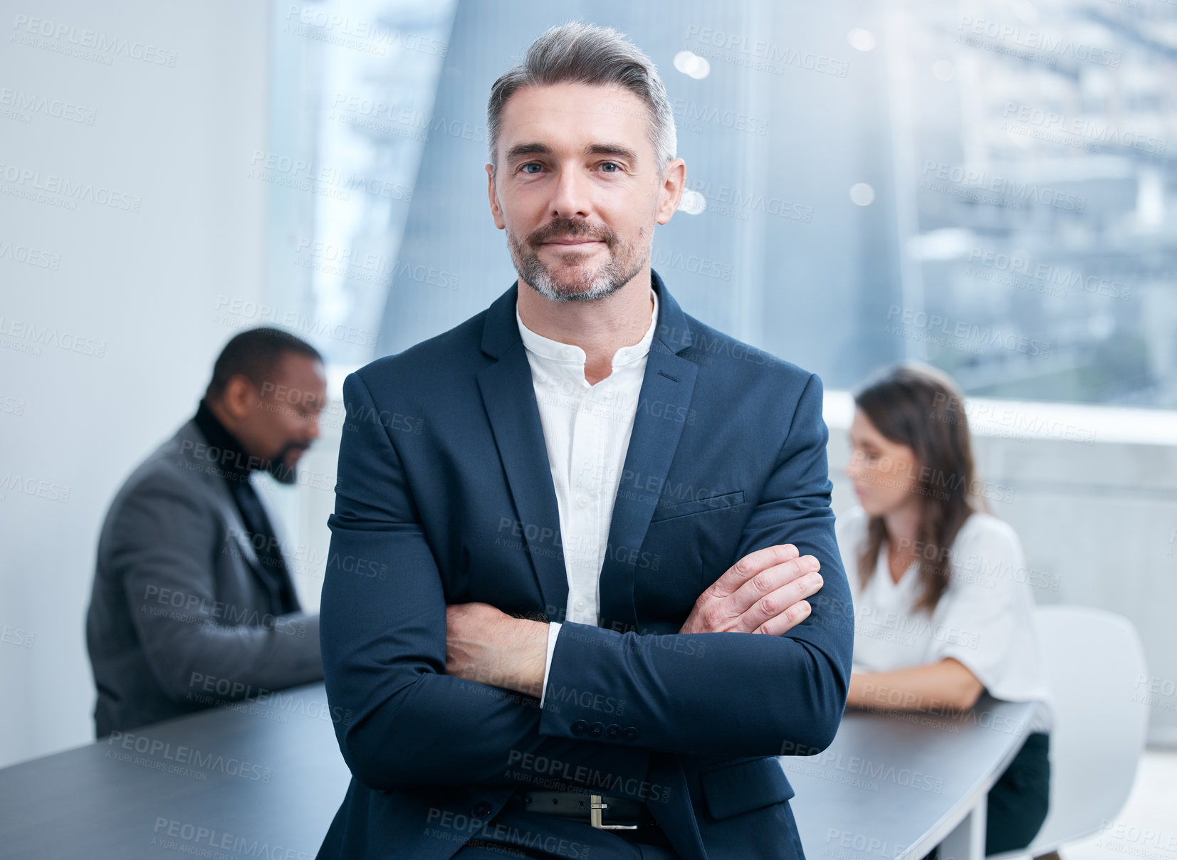 Buy stock photo Portrait, employee and mature man in boardroom, proud and CEO in corporate and auditor. Office, bookkeeper and person on table, business meeting and collaboration for planning of project and goals