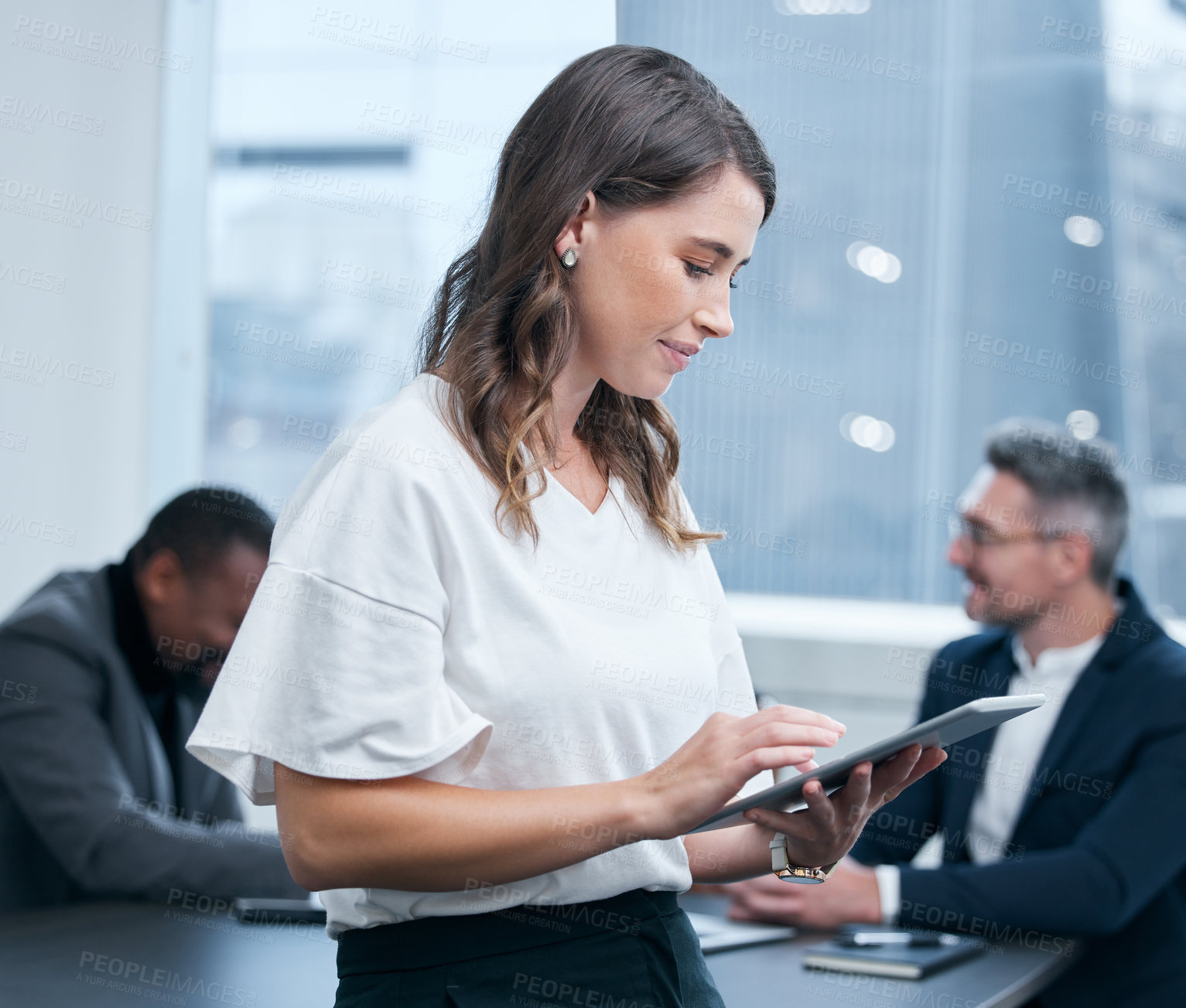 Buy stock photo Check, employee and woman in boardroom, tablet and confidence in corporate and auditor. Office, bookkeeper and person on table, business meeting and collaboration for planning of project and goals