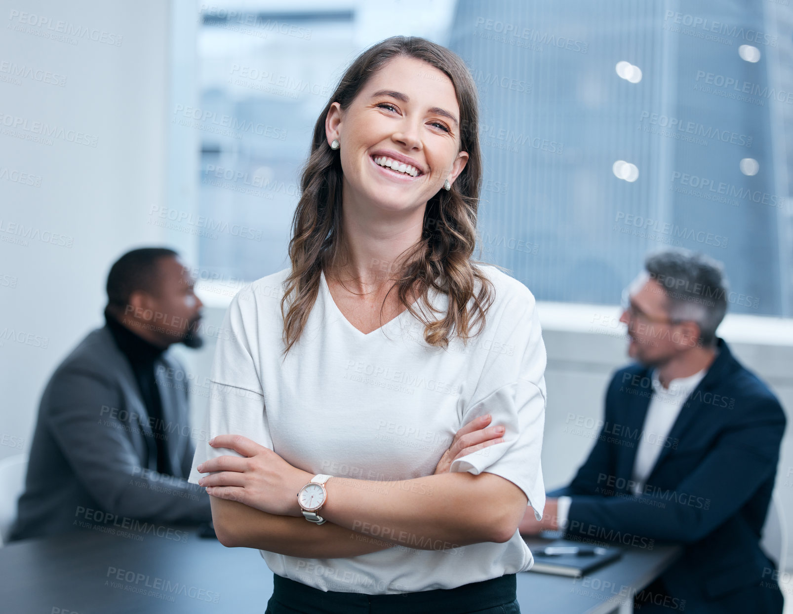 Buy stock photo Portrait, employee and woman in boardroom, smile and confidence in corporate and auditor. Office, bookkeeper and person on table, business meeting and collaboration for planning of project and goals