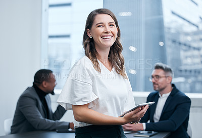 Buy stock photo Portrait, employee and woman in boardroom, tablet and confidence in corporate and auditor. Office, bookkeeper and person in business meeting, table and collaboration for planning and smile of project