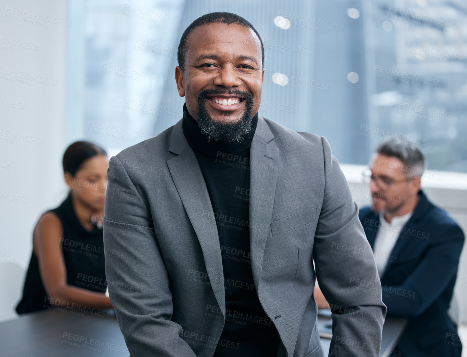 Buy stock photo Portrait, employee and black man in boardroom, confidence and CEO in corporate and auditor. Office, bookkeeper and mature person on table, business meeting and collaboration for planning and project