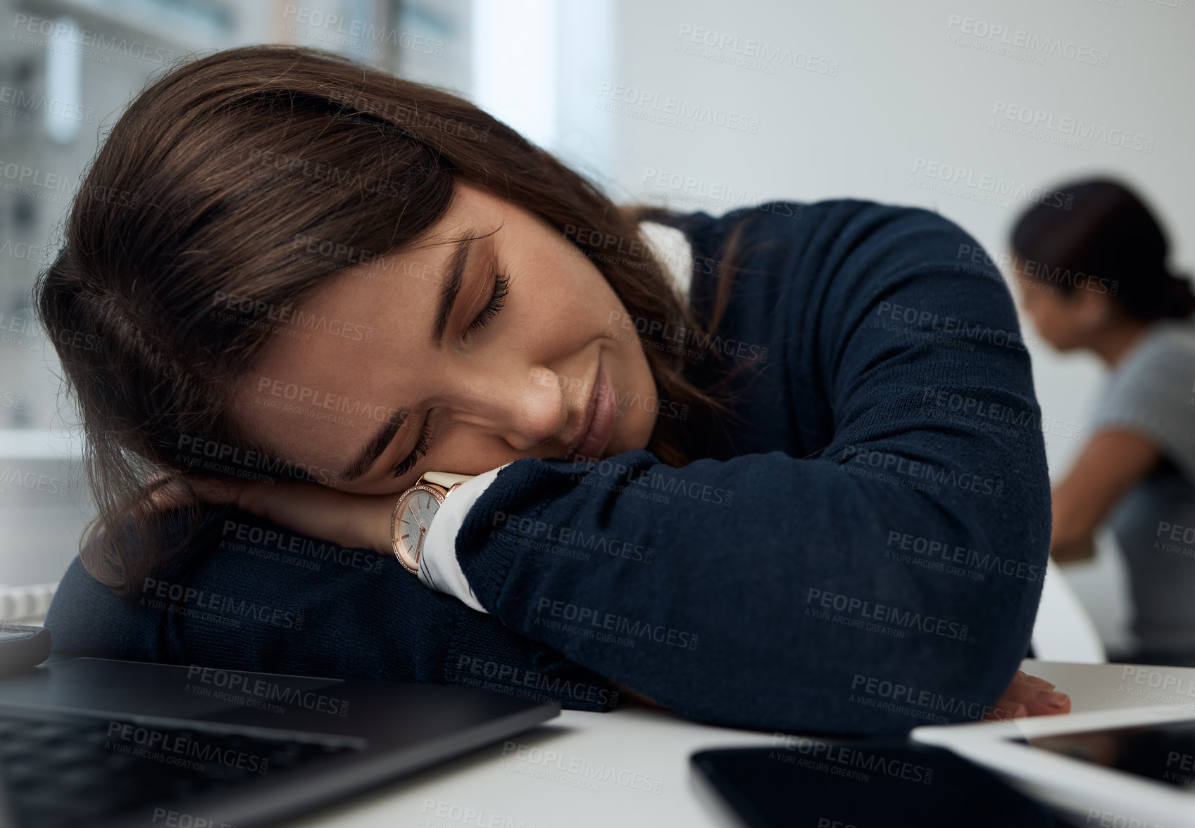 Buy stock photo Business, girl and sleeping by desk in office for fatigue of overtime or overworked, long hours and exhaustion of workload. Woman, eyes closed and relax on table for burnout, stress and dreaming.