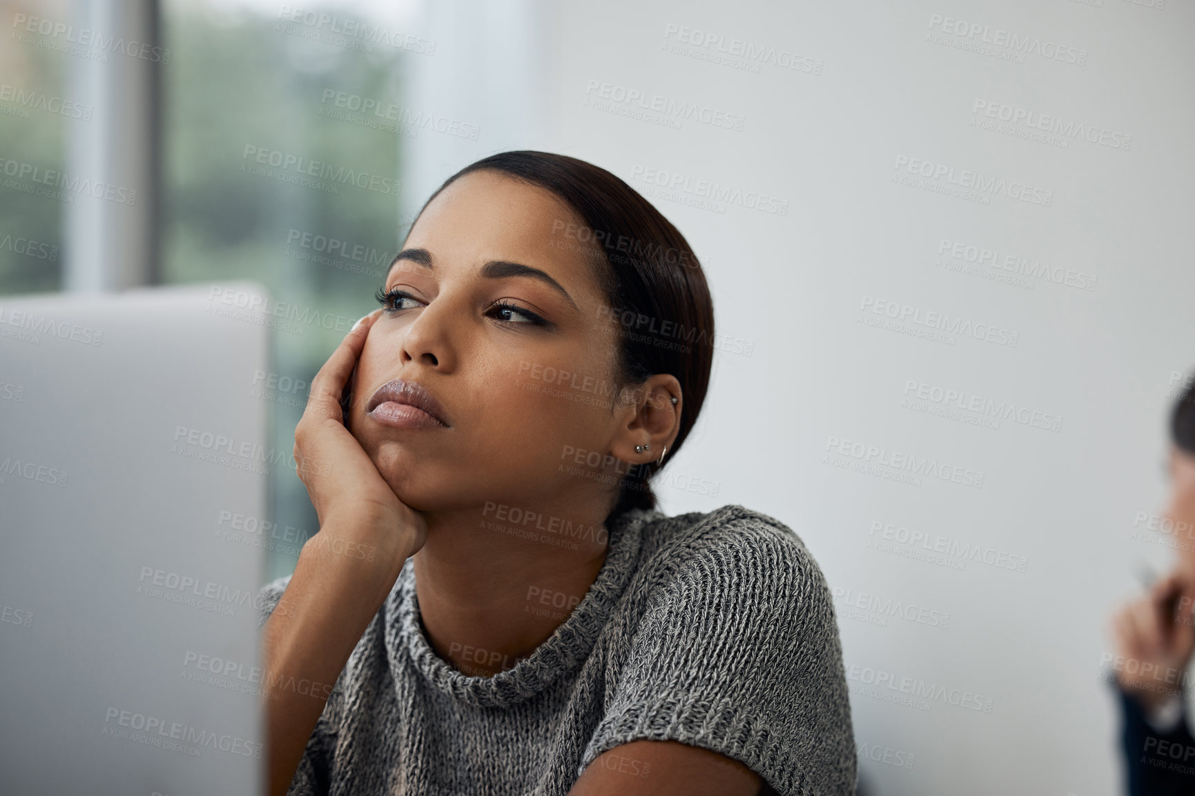 Buy stock photo Business woman, thinking and computer in office with bored, tired and depression for work or job. Corporate lawyer, technology and idea in workplace with lazy, fatigue and exhausted for schedule