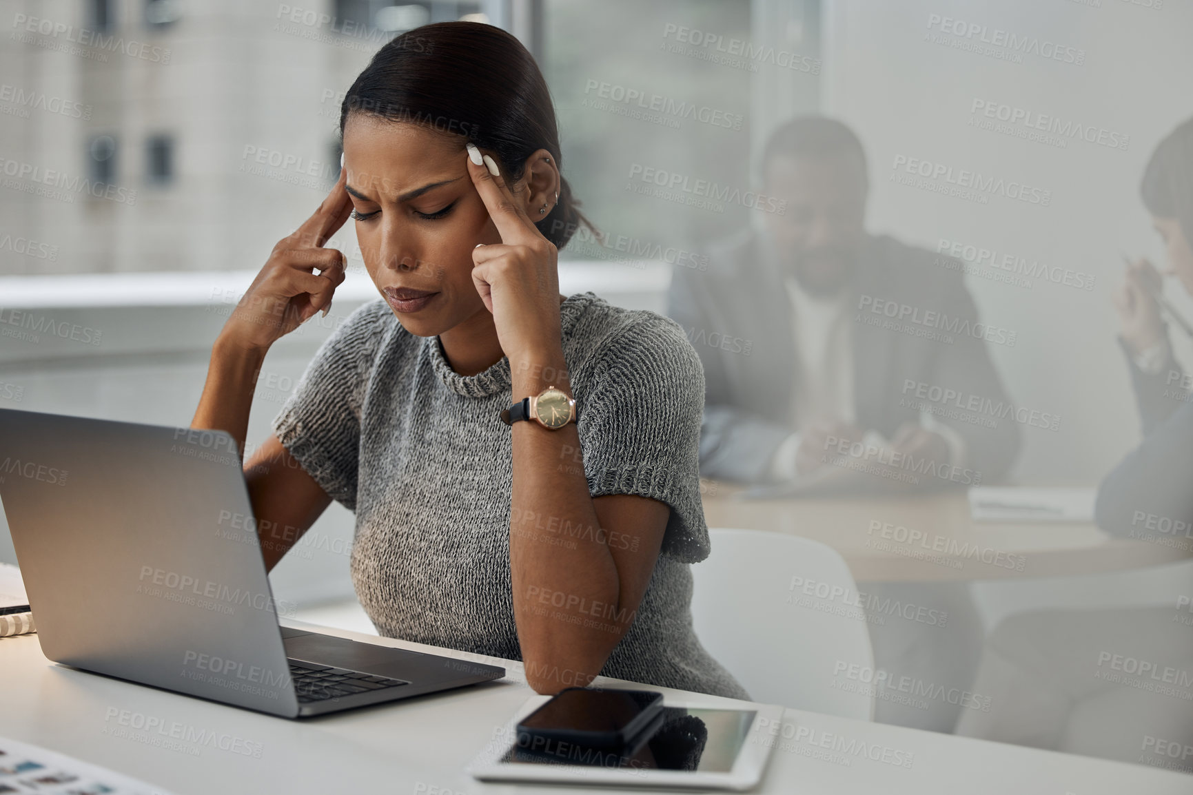 Buy stock photo Business woman, headache and laptop in office with burnout, tired and depression for work or job. Indian worker, migraine and technology in workplace with insomnia, fatigue and anxiety for schedule