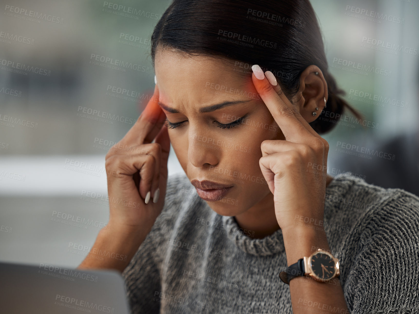 Buy stock photo Business woman, technology and headache in office with burnout, stress and depression for work or job. Indian worker, laptop and migraine in workplace for insomnia, fatigue and anxiety with red glow
